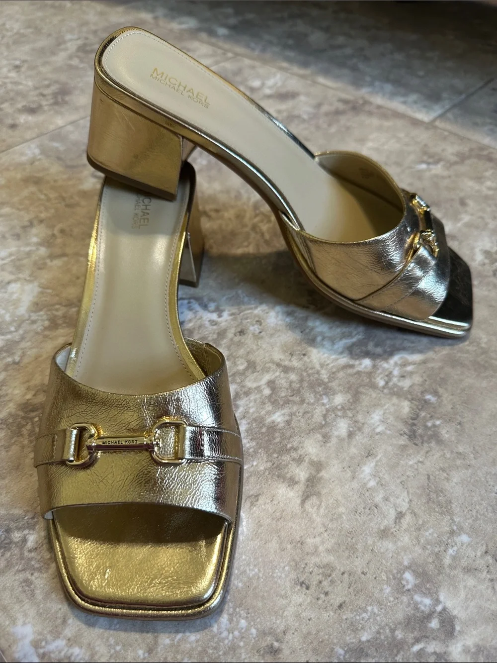 Michael Kors Metallic Gold Block Heel Slide Mules